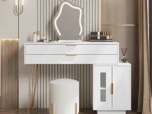 ModernLuxe Toucador com espelho e iluminação LED - 2 gavetas e armário amovível - Branco (banco não incluído)