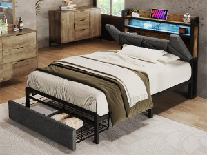 ModernLuxe Bed met lade 90x200cm bekleed met linnenstof - met LED en oplaadpoorten - Grijs