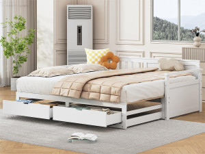 ModernLuxe Onderschuifbed 90/180x190cm in massief hout - 2 lades op wielen - Wit
