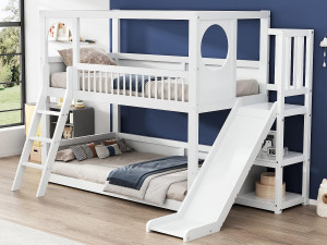 ModernLuxe Multifunctioneel stapelbed voor kinderen - met ladder en glijbaan - 2x90x200cm - massief hout - Wit