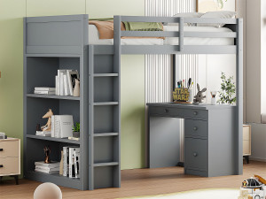 ModernLuxe Mezzaninebed 90x200 cm - met opbergmeubel en bureau - massief hout - Grijs