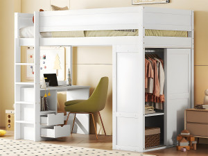 ModernLuxe Mezzaninebed 90x200cm - multifunctioneel kinderbed - voorzien van kledingkast en bureau - in massief grenen - Wit