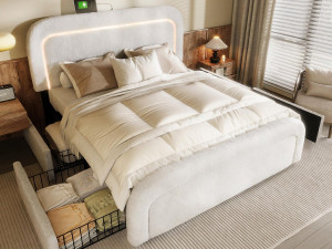 ModernLuxe Sherpa gewatteerd tweepersoonsbed met 4 lades - 160x200cm - met LED en oplaadpoorten - Wit