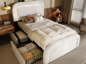 ModernLuxe Sherpa gewatteerd eenpersoonsbed met 2 lades - 90x200cm - met LED en oplaadpoorten - Wit