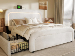 ModernLuxe Sherpa gewatteerd tweepersoonsbed met 4 lades - 140x200cm - met LED en oplaadpoorten - Wit