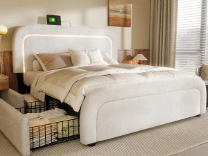 ModernLuxe Cama de casal acolchoada Sherpa com 4 gavetas - 140x200cm - com LED e portas de carregamento - Branco