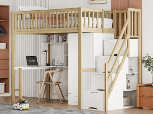 ModernLuxe Hoogslaper 90x200 cm - met kledingkast en bureau - houten bedframe - Wit & Naturel