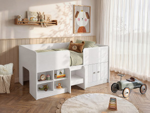 Vente-unique Halve hoogslaper 90 x 190 cm met opbergruimte - Kleur: wit - BOUTANIO