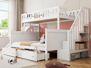 ModernLuxe Stapelbed 90x200 + 140x200 cm - massief hout - met glijbaan, plank en 2 grote lades - Wit