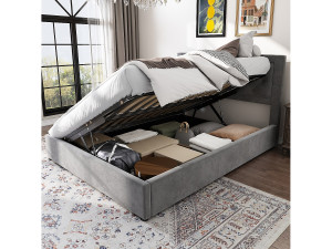 Merax Opbergbed voor volwassenen 140 x 200 cm in fluweel - Bilaterale opening - Chesterfield-stijl - Grijs