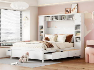 ModernLuxe Tweepersoonsbed 140x200cm - met 4 laden en groot opberghoofdeinde - massief hout - Wit
