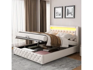 Merax Cama arrumação com cabeceira - 160 x 200 cm - Couro PU e LEDs - Base de ripas - Estilo contemporâneo - Branco