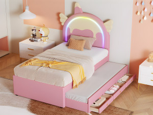 ModernLuxe Kinderbed 90x200cm met onderschuifbed 90x190cm - eenhoornvormig hoofdeinde met LED - in kunstleer - Roze