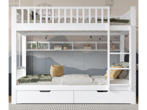 ModernLuxe Houten stapelbed - 90x200 cm - met 2 lades en planken - Wit