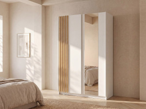 Vente-unique Kast met 2 schuifdeuren - Met spiegel - L150 cm - Wit en houtlook - CALELA