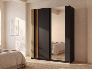 Vente-unique Kast met 2 schuifdeuren - Met spiegel - L200 cm - Zwart en houtlook - CALELA