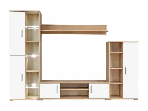 Clicnbuy Mueble salón pared para TV con luces LED roble Sonoma y blanco