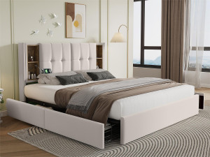 ModernLuxe Bed met lades 160x200cm bekleed met fluweel - met draadloos opladen en lattenbodem - Beige