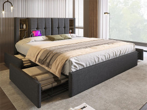 ModernLuxe Bed met lades 160x200cm opgevuld met linnen - met draadloos opladen en lattenbodem - Grijs