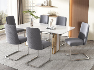 ModernLuxe Set van 6 fluwelen sledestoelen - rugleuning ruitpatroon - onderstel zilverkleurig metaal - grijs