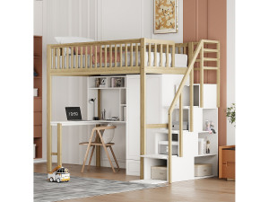 Merax Hoogslaper 90 x 200 cm met grote kledingkast, bureau, boekenkast, trap en lades, alles-in-één, MDF hout, Wit + eiken