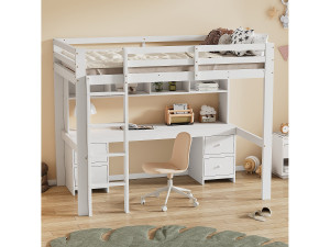 Merax Hoogslaper 90 x 200 cm met bureau, boekenkast, lades en ladder, MDF hout, Wit