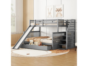 Merax Stapelbed met 6 lades, glijbaan en trap - 90 x 200 cm + 140 x 200 cm - Grijs - ANTHONY