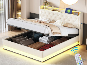 Merax Opbergbed met hoofdeinde 160 x 200 cm - USB-poort + LED's - Linnenstof - inclusief lattenbodem - Beige