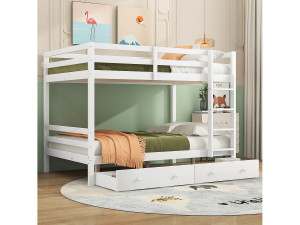 Merax Stapelbed 140 x 200 cm met 2 grote lades - leuning en trap - MDF hout - wit
