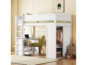 Merax Mezzaninebed 90 x 200 cm met bureau + 2 lades - Kledingkast met schuifdeur - MDF-hout - Wit