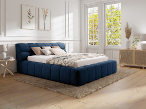 Vente-unique Bed met opbergruimte 160 x 200 cm - Stof - Donkerblauw + matras - FORVIK II