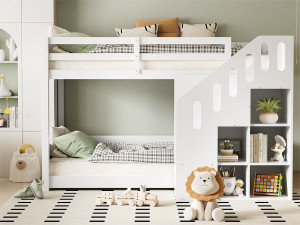 ModernLuxe Kinderstapelbed - 2x90x200 cm - met trapkast en leuning - Wit (zonder matras)