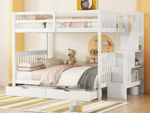 ModernLuxe Stapelbed 140x200cm in grenenhout - met 2 lades en opbergtrap - Wit