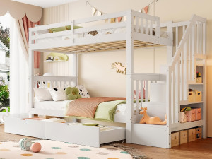 ModernLuxe Stapelbed 90x200cm in grenenhout - met 2 lades en opbergtrap - Wit
