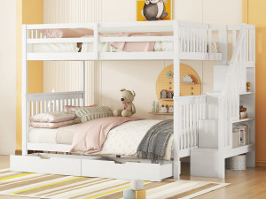 Merax Stapelbedden 2 x 140 x 200 cm voor kinderen - trapplank + 2 lades - MDF hout - Wit