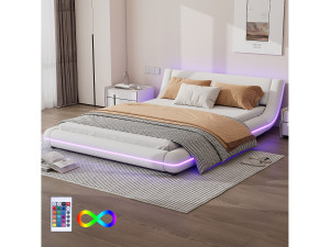 Merax Tweepersoonsbed 140 x 200 cm - Vloerbed - PU-leer - LED-sfeerverlichting met afstandsbediening - Wit