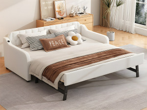 ModernLuxe Onderschuifbed 90x200cm - met USB-poort - Linnen stof - Beige