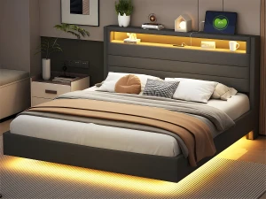 ModernLuxe Cama almofadada 160x200cm em tecido de linho - com tomada USB e LED - cabeceira reversível - Cinza