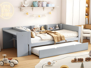ModernLuxe Eenpersoonsbed 90x200 cm met onderschuifbed - met bureau ernaast - Grijs
