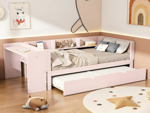 ModernLuxe Eenpersoonsbed 90x200 cm met onderschuifbed - met bureau ernaast - Roze