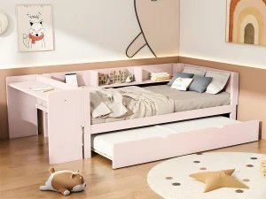 ModernLuxe Cama individual 90x200 cm com cama de gavetão - com secretária ao lado - Rosa