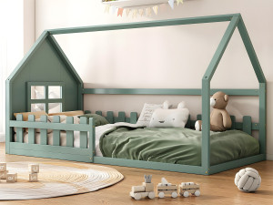 ModernLuxe Cabinebed voor kinderen 90x200 cm - in de vorm van een huis - in grenenhout en MDF - Groen