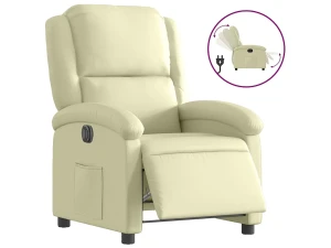 vidaxl Sillón reclinable eléctrico de cuero auténtico blanco crema