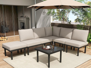 ModernLuxe Modulair tuinmeubel in gegalvaniseerd staal - geschikt voor 6 personen - versierd met touw - Beige
