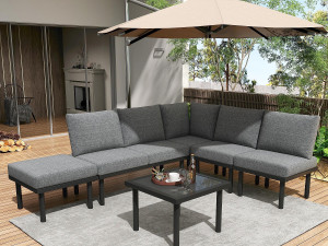 ModernLuxe Modulair tuinmeubel in gegalvaniseerd staal - geschikt voor 6 personen - versierd met touw - Grijs