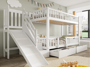 ModernLuxe Stapelbed in hout en MDF - 90x200 cm - met glijbaan en trap - Wit (zonder matras)