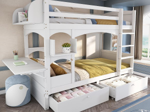 ModernLuxe Stapelbed in hout en MDF - 90x200 cm - met 2 lades en opklapbaar bureau - Wit (zonder matras)