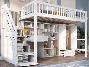 ModernLuxe Multifunctioneel mezzaninebed in hout en MDF - 90x200 cm - met opbergtrap, bureau en kledingkast - Wit (zonder matras)