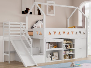 ModernLuxe Multifunctionele hoogslaper in hout en MDF - 90x200 cm - met glijbaan, trap en kluisjes - Wit (zonder matras)
