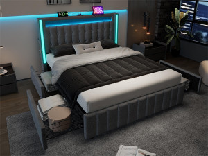 ModernLuxe Bed met 2 laden 160x200cm gestoffeerd in linnen - met laadfunctie en LED-verlichting - Grijs